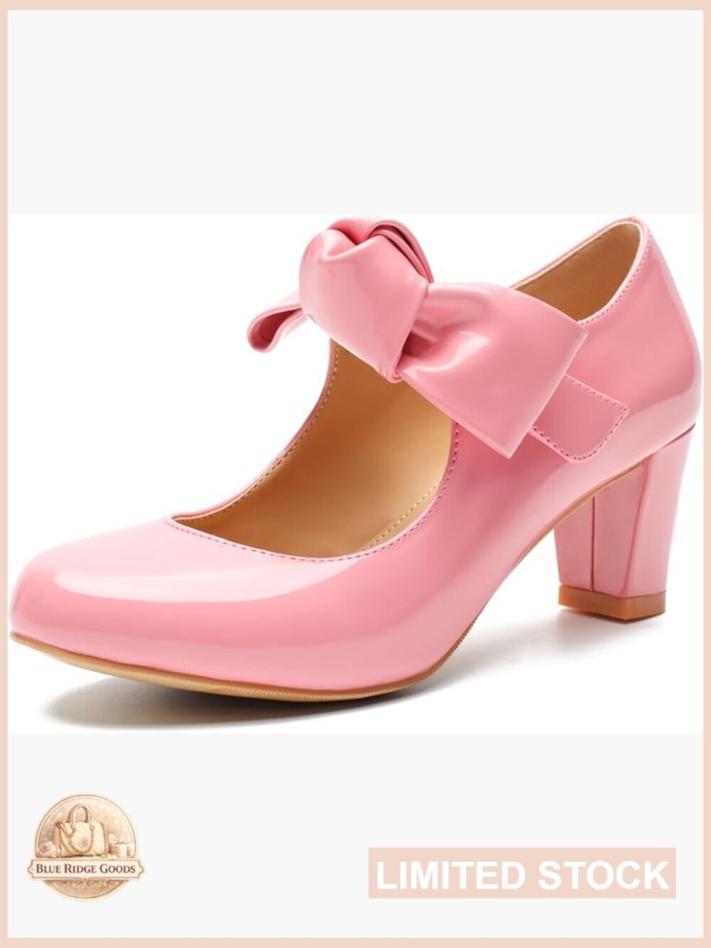 Mary Jane Pumps - 2 Inch Mid Chunky Block Heels with Bow, Round Toe Patent